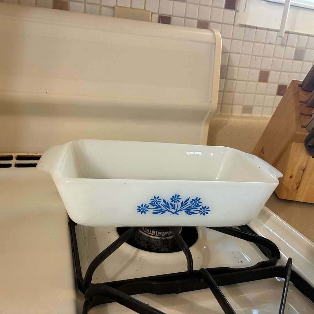 Vintage Anchor Hocking Fire King Milk Glass Baking Dish | Blue Cornflower